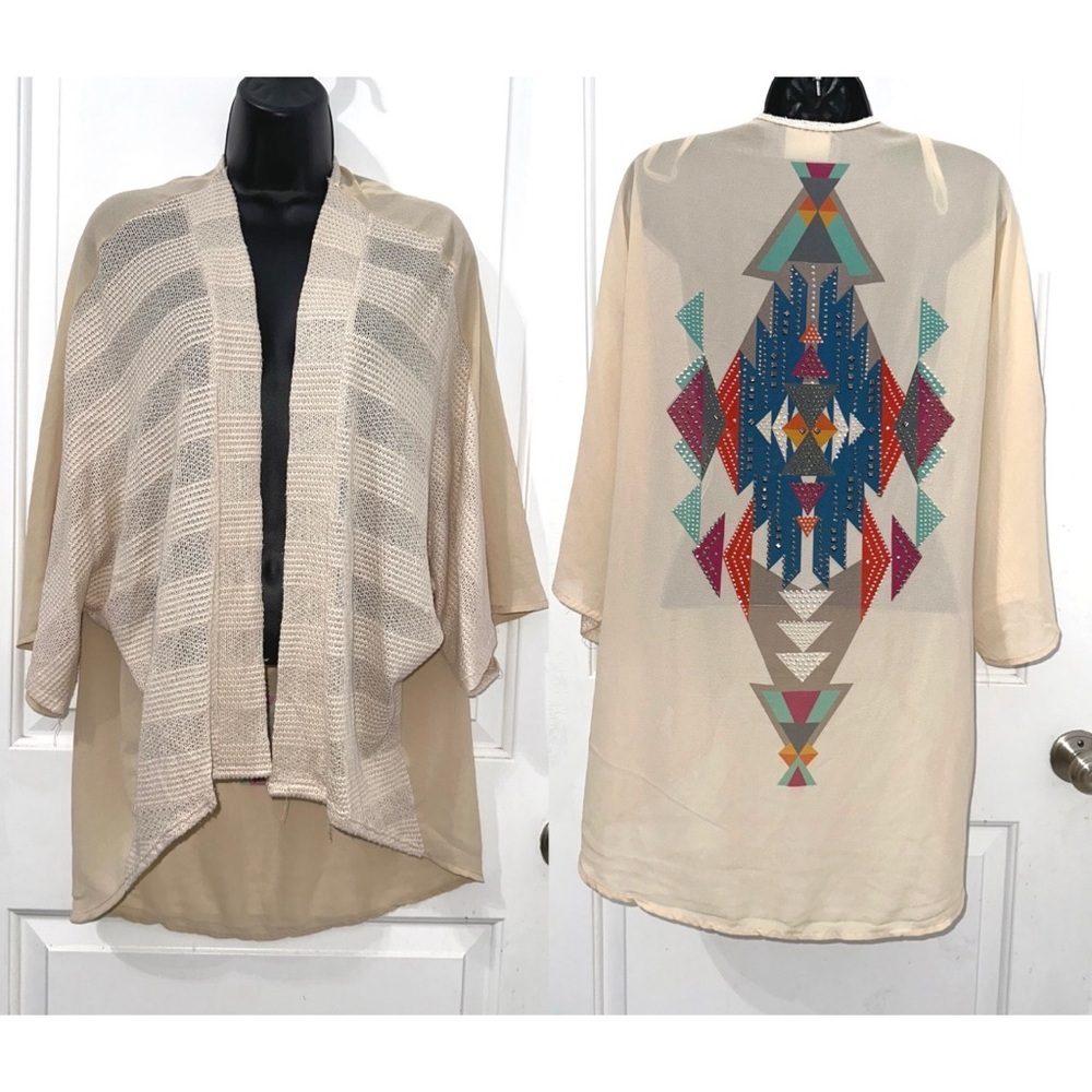 Vocal Rhinestone Embellished Aztec/Southwestern Print Short Sleeve Shawl